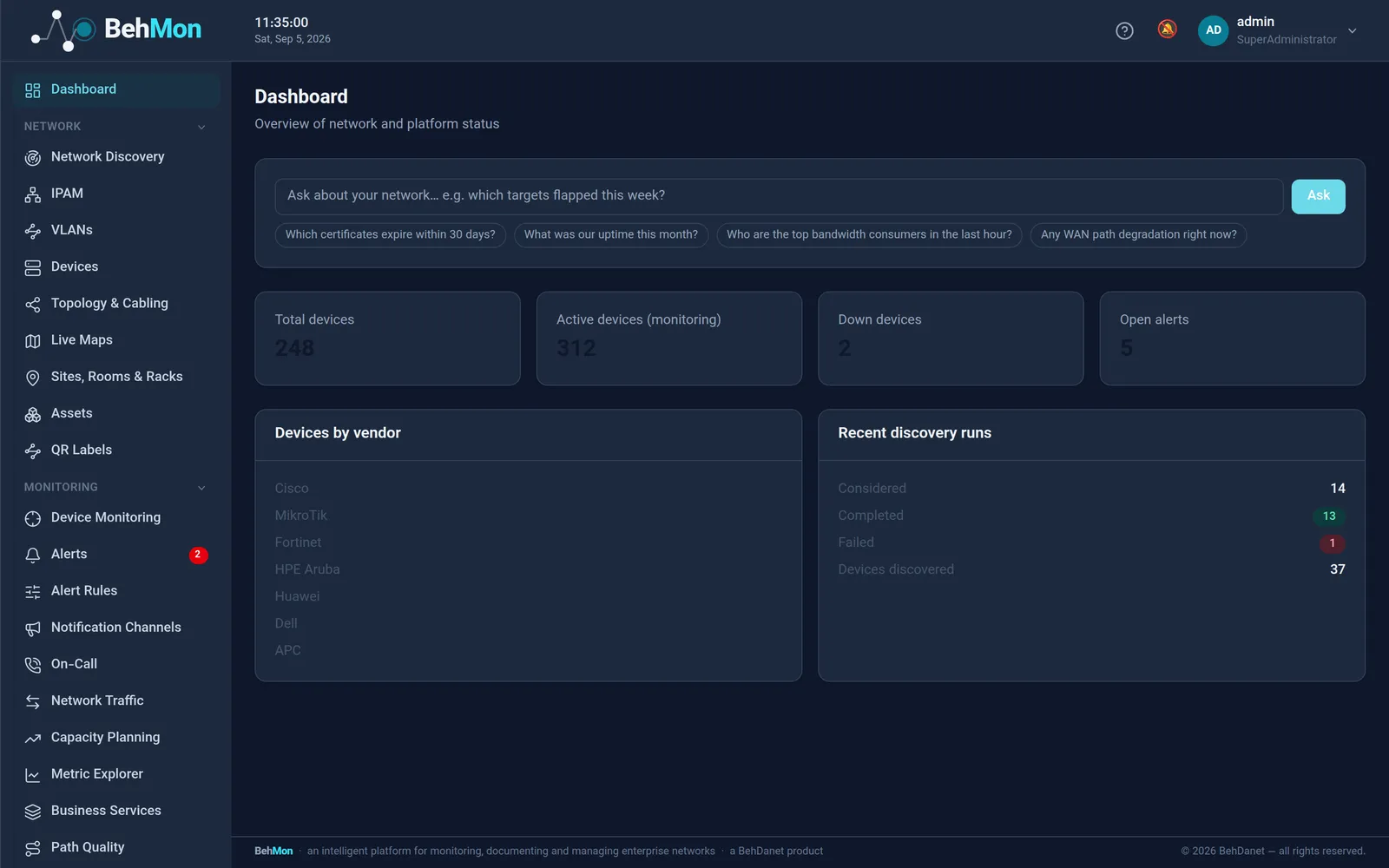 BehMon dashboard with device count, active targets and open alerts