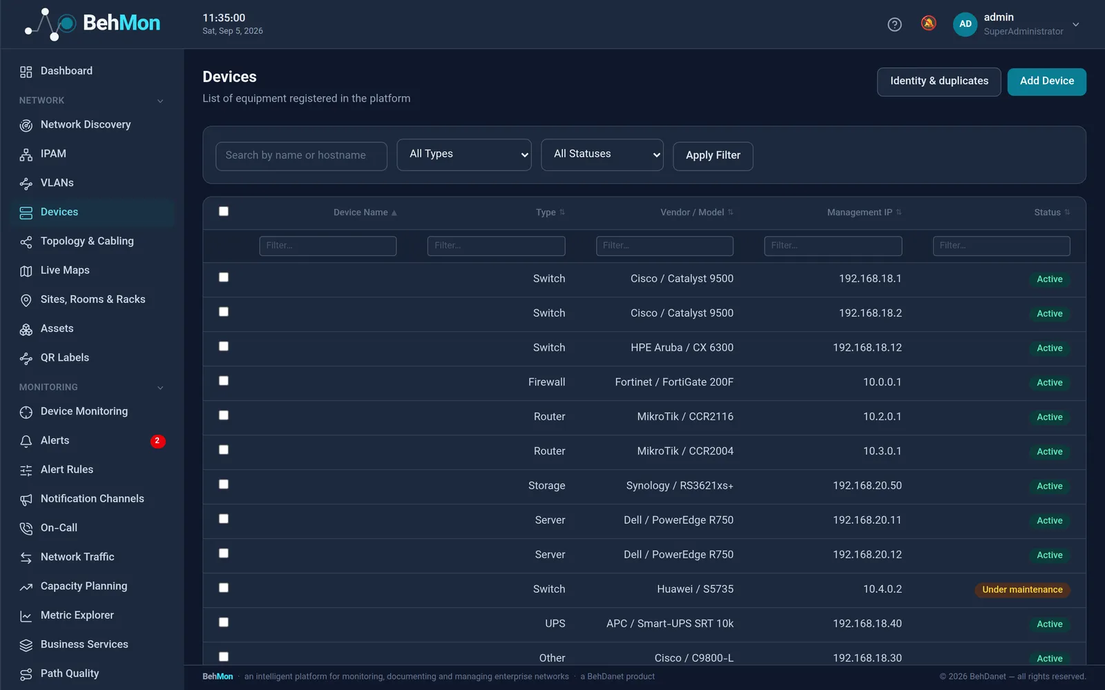 Device inventory with type, vendor, model and status
