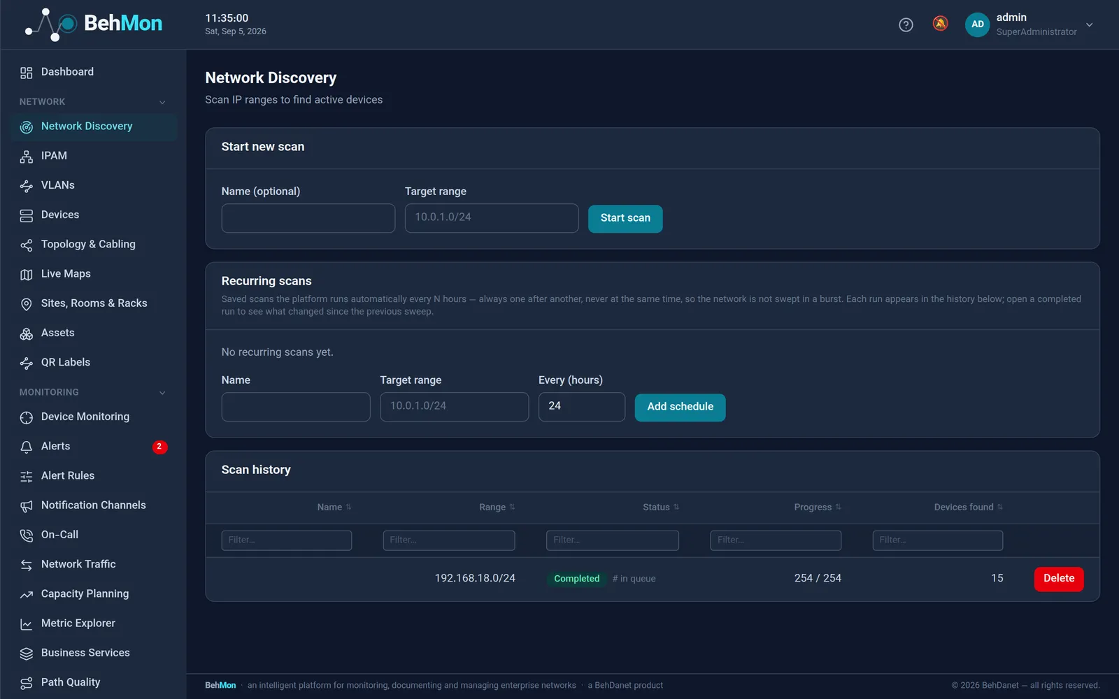 Network discovery, the scan queue and scan history